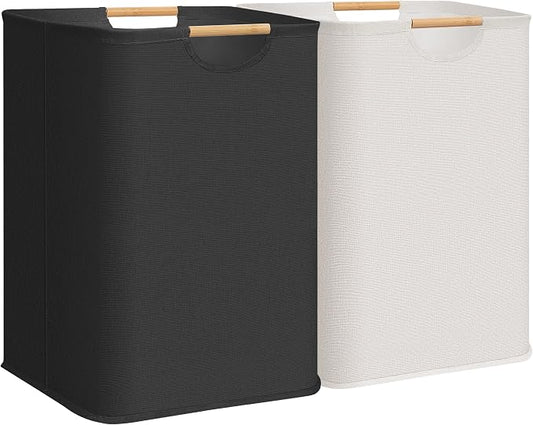 STORAGE MANIAC 2-Pack Large Laundry Hamper, 100L (26.4 Gal) Collapsible Laundry Basket with Bamboo Handles, Freestanding Waterproof Clothes Hamper for Bedroom, Dorm, Towels, Black+White