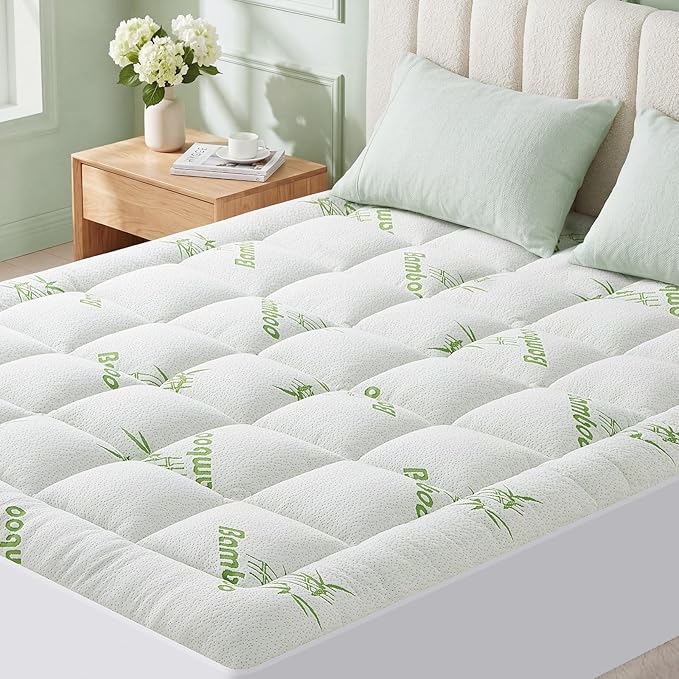 Twin XL Size Bamboo - Viscose Mattress Topper, Extra Thick Quilted Pillow Top, Naturally Cooling & Breathable for Hot Sleepers, Back Pain Relief, Deep Pocket Skirt Fits 6-18", Green