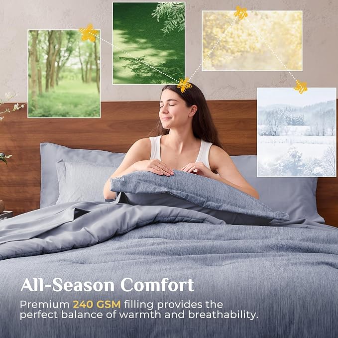 JOLLYVOGUE Navy Blue Full Comforter Set, Cationic Dyeing Bed in a Bag Full 7 Pieces, Double-Tone Bedding Set with Down Alternative Comforter, Sheets, Pillowcases & Shams