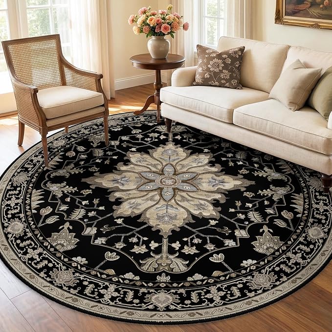 RELEANY Washable Area Rug, Round 6ft, Black/Neutral | Non-Slip, Water Repellent, Pet Friendly, Easy to Clean, Vintage Floral Boho Decor for Living Room Bedroom Dining Room
