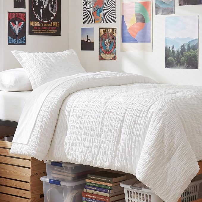 Twin Comforter Set, 5 Pieces White Seersucker Bed in a Bag | OEKO-TEX Certified, All Season Bedding Sets with 240 GSM Down Alternative Comforter, Flat & Fitted Sheets, Pillowcase & Sham