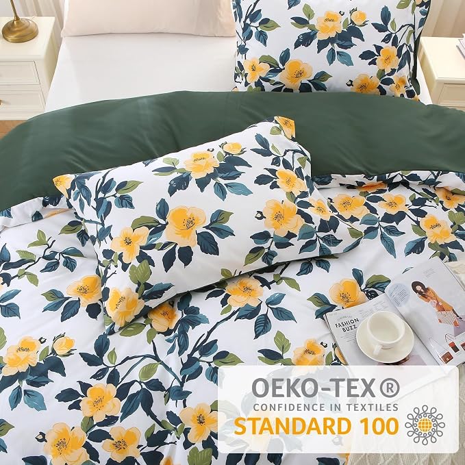 MUXHOMO Duvet Cover Queen Size, Reversible Floral Vintage Duvet Cover Set with Zipper Closure, 3 Pieces Botanical Patterns Soft Microfiber Bedding Set (90"x90", 2 Pillow Cases, Winter Jasmine Green)