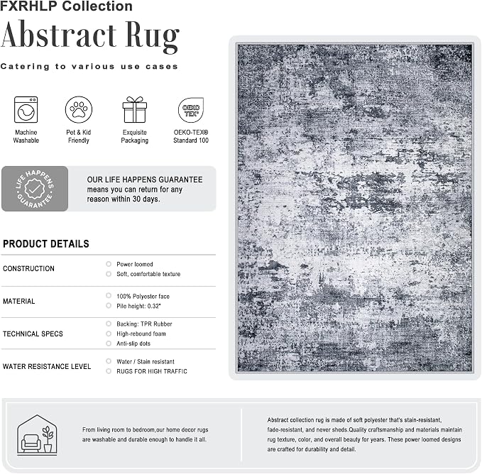 8x10 Area Rug Living Room Rug: Washable Modern Abstract Soft Thin Rug Indoor Floor No Slip Stain Resistant Carpet for Bedroom Dining Room Farmhouse Nursery Home Office - Grey