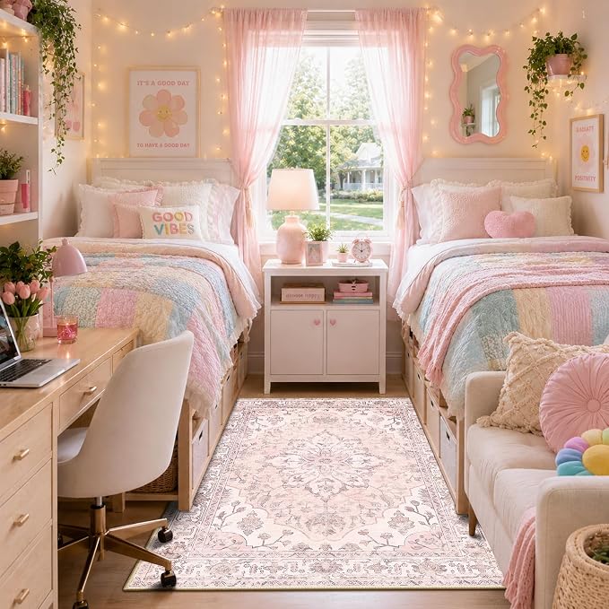 RELEANY Washable Area Rug, 3'x5', Pink | Non-Slip, Water Repellent, Pet Friendly, Easy to Clean, Vintage Floral Boho Decor for Living Room Bedroom Beside Kitchen