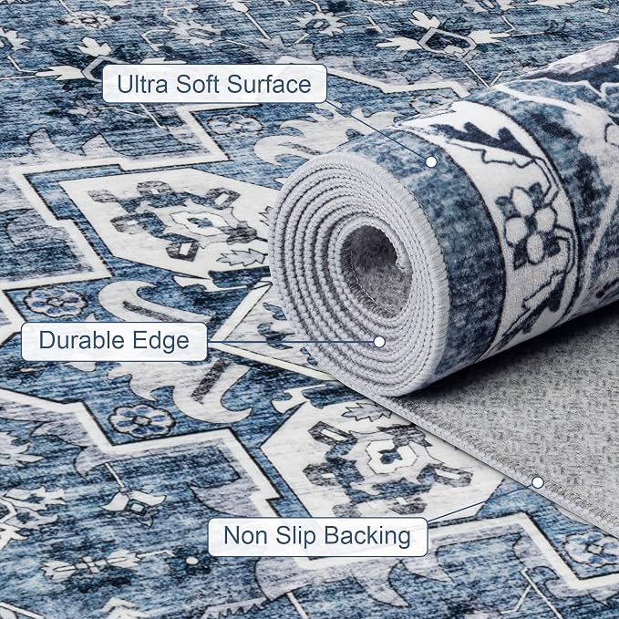 6x9 Area Rugs Living Room: Washable Vintage Rug for Bedroom Blue | Boho No Slip Stain Resistant Rug Soft Indoor Decor Floor Floral 6x9 Area Rugs for Dining Room, Nursery, Hallway, Home Office