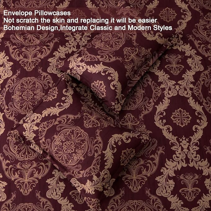 WONGS BEDDING Burgundy Comforter Set Full Size, Maroon Damask Texture 7 Pieces Bed in a Bag Microfiber Comforter Bedding Sets -1 Comforter, 1 Flat Sheet, 1 Fitted Sheet, 2 Pillow Shams,2 Pillowcases