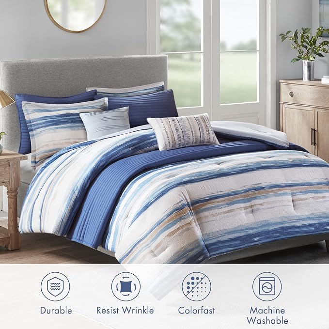 Madison Park Marina Comforter Quilt Combo Set - Modern Luxury Design, All Season Down Alternative Bedding, Matching Shams, Decorative Pillows, Full/Queen(90"x90"), Seersucker Blue 8 Piece | All Season Down Alternative Bedding Set with Comforter, Shams,...