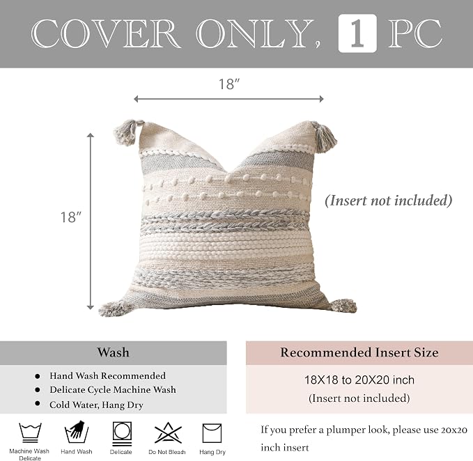 Gray Boho Decorative Throw Pillow Cover 18x18 Square Farmhouse Accent Cushion for Couch Sofa Livingroom Bedroom Pillowcase Modern Home Décor (Pack of 1)