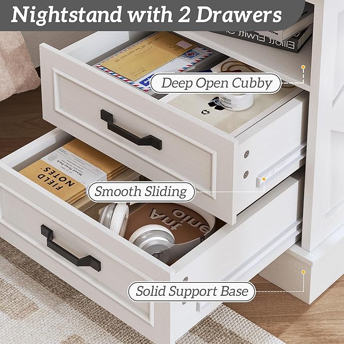 Fluest 24" Tall Farmhouse Nightstand, Night Stand with Fast Charging Station, Beside Tables with Drawers and Open Storage, Rustic End Tables for Bedroom, Antique White