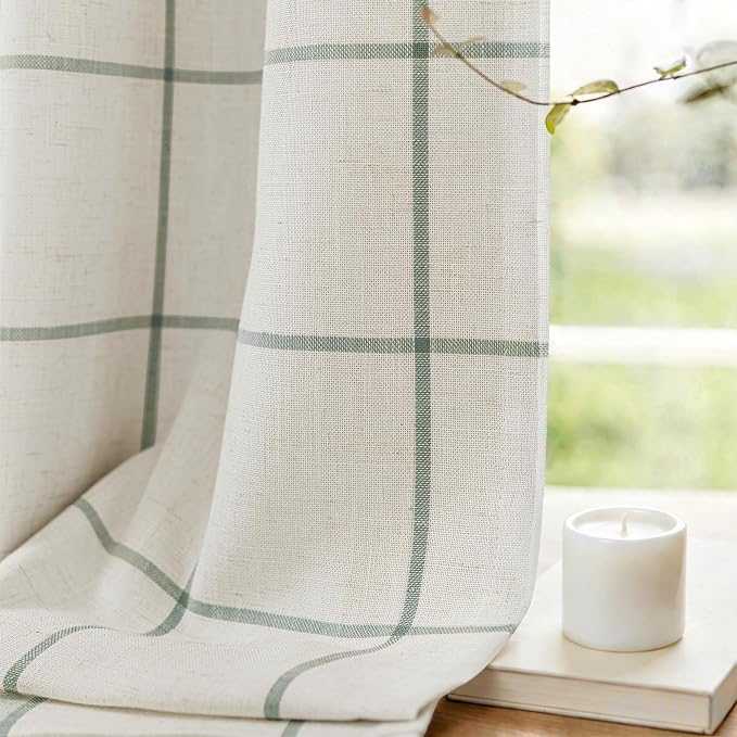 DriftAway 100% Blackout Plaid Linen Curtains W52xL63 Loden Green | 100% Blackout, Linen Texture, Plaid Pattern, Two Layers, Rod Pocket & Back Tab, Bedroom Living Room Use, Luxury Appearance