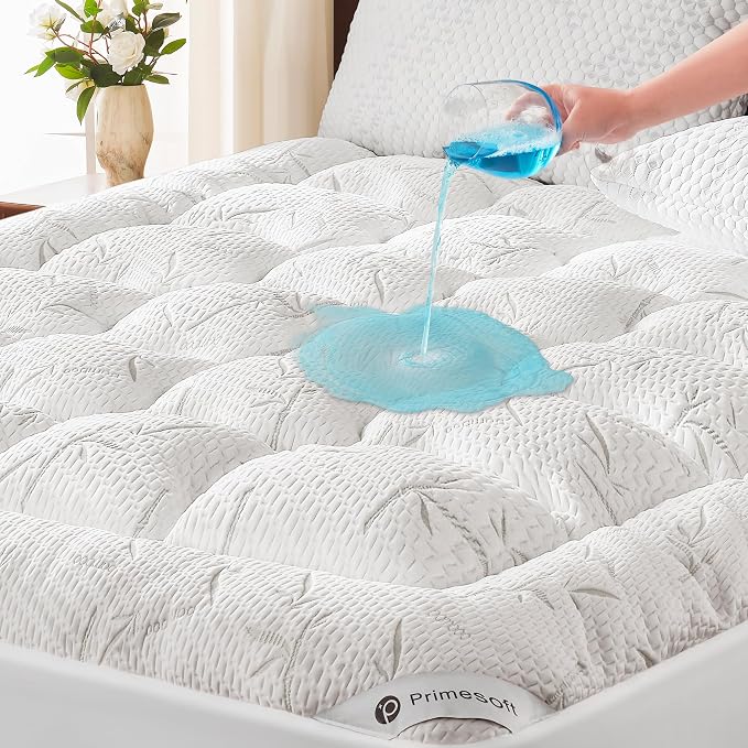 PRIMESOFT King Size Mattress Topper, Thick Pillow Top Mattress Pad，Up to 21 Inch Deep Pocket,Soft Breathable Mattress Pad for Back Pain, Waterproof Protector Cover(White)