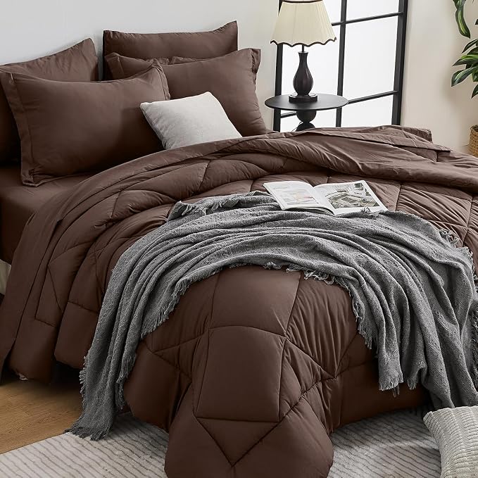 7-Piece Oversized King Comforter Set, Brown | Reversible, All-Season, Soft, 7 Piece Set, All-Season Reversible Bed in a Bag, Flat Sheet, Fitted Sheet, Pillowcases
