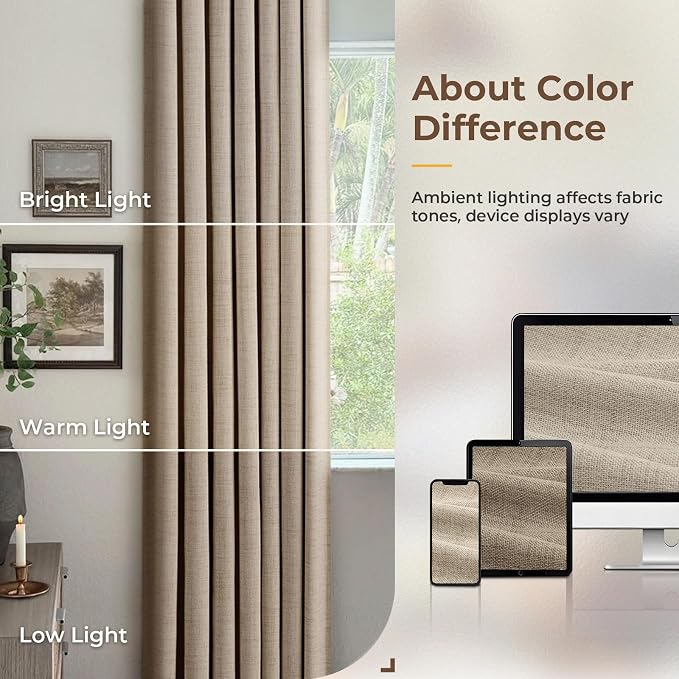 INOVADAY 100% Blackout Curtains for Bedroom Black Out Curtain 102 Inch Long | Burlywood Birch Living Room Curtains 2 Panels, Clip Rings Linen Blackout Drapes, Thermal Insulated Room Darkening,W50xL102