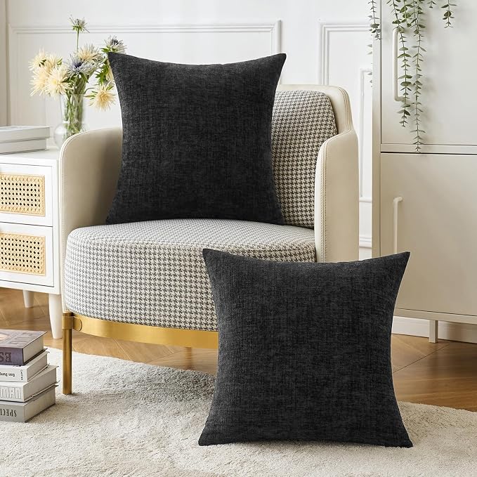 MIULEE Soft Chenille Throw Pillow Covers Black 16x16 Inch Pack of 2 | Modern Home Decor, Classic Decorative Pillows, Solid Dyed Cases, Boho Couch Cushion Covers for Sofa Bed Living Room