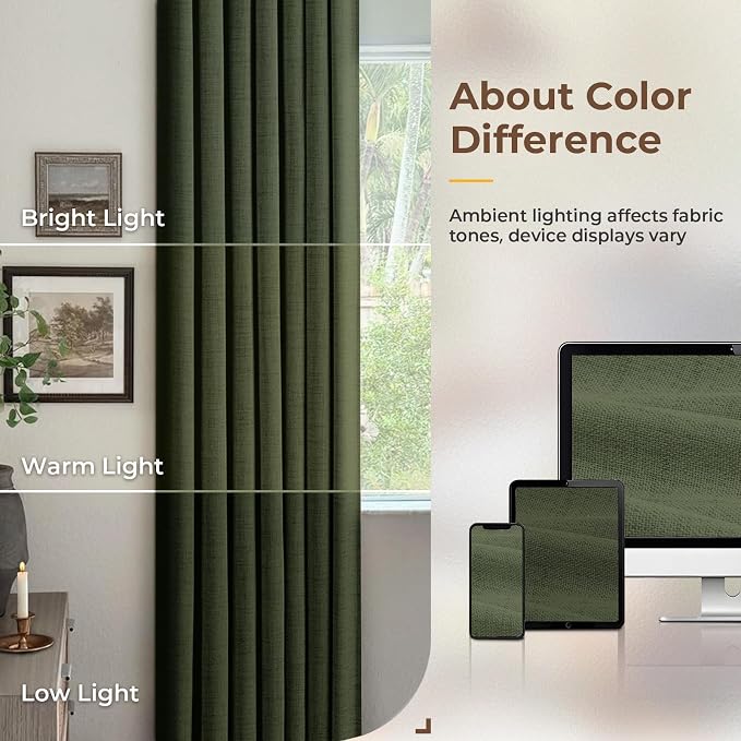 INOVADAY 100% Blackout Curtains for Bedroom Black Out Curtains 84 Inch Long | Loden Green Curtains for Living Room 2 Panel, Clip Rings Linen Look Blackout Drapes, Thermal Insulated Room Darkening,W50xL84