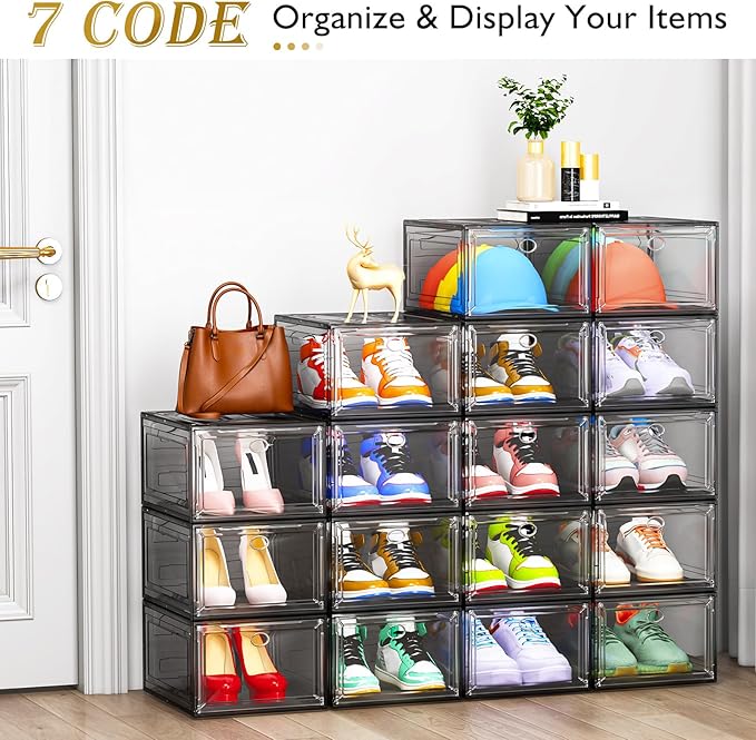 12 Pack Shoe Organizer, Stackable Shoe Storage Boxes with Magnetic Door | Clear Plastic Shoe Boxes for Sneakers, Boots & Heels, Foldable Space-Saving Shoe Rack for Closet, Durable Shoe Cabinet, Black