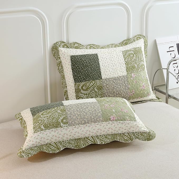 vctops Farmhouse Green 3 Piece Patchwork Quilted Set Floral Embroidery Cotton Bedding Set Lightweight Reversible Bedspread Coverlet 1 Quilt + 2 Pillow Shams (Green Floral,91"x98")