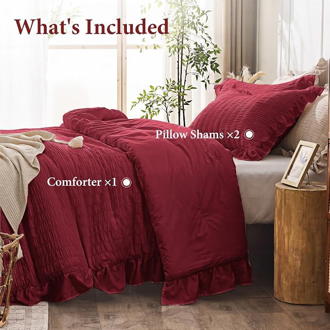JOLLYVOGUE Burgundy Queen Comforter Set, 3 Pieces Seersucker Comforters Queen Size, Lightweight & Fluffy Bedding Sets for All Season with 1 Ruffle Comforter and 2 Ruffle Pillowshams