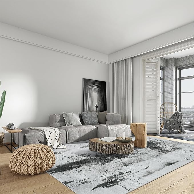 6x9 Area Rugs for Living Room: Washable Abstract Black White Grey Carpet | Non-slip TPE backing makes this washable soft low-pile rug safe & durable, Pet-friendly decor for dining room,nursery,office