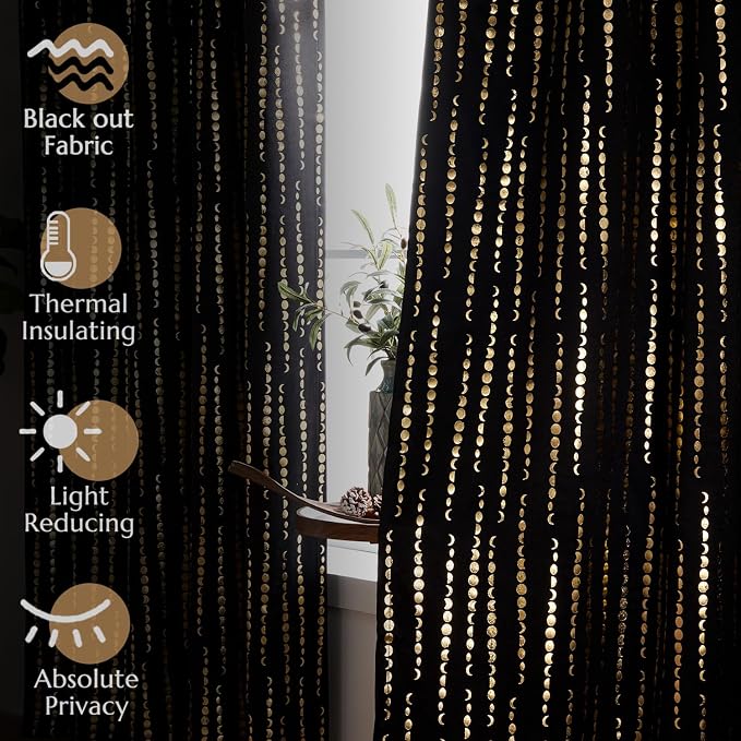 jinchan Boho Blackout Curtains 63 Inch Length Moon Phase Printed Drapes | Gold on Black Farmhouse Curtain for Bedroom Living Room Back Tab Rod Pocket Drapes Room Darkening Window Treatment 2 Panels