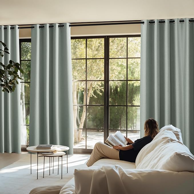 NICETOWN Full Shade Faux Linen Curtains 96" Long for Living Room, Pair of Energy Smart & Noise Blocking Blackout Shield, Thermal Insulated Window Dressing Crisp Fabric, Sage Green