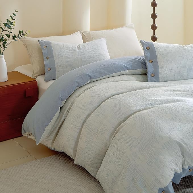 Oli Anderson 100% Egyptian Cotton Duvet Cover Queen Size, Blue, 3 Pieces | Yarn Dyed Jacquard Textured Bedding Set, Striped Boho Design, Pre-Washed, Button Closure, Soft Breathable, All Season Comfort