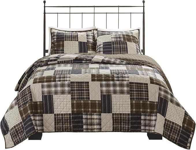Madison Park Reversible Quilt Cabin Lifestyle Plaid Design - All Season, Breathable Coverlet Bedspread Bedding Set, Matching Shams, Timber Black/Brown King/Cal King(104"x94") 3 Piece | Diamond Quilted, Reversible Coverlet Set, Plush Cotton Filled, Ligh...