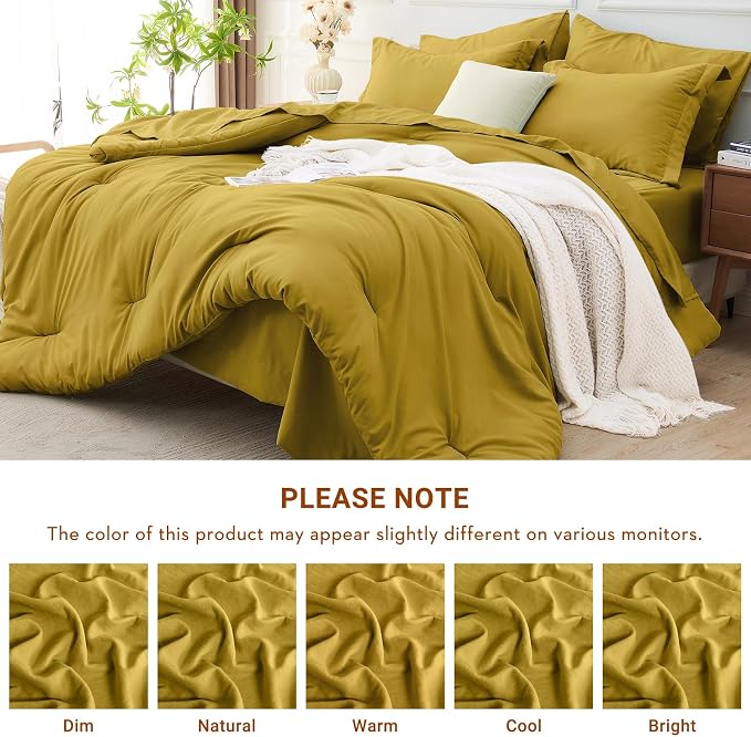 7 Pieces Queen Comforter Set, Soft Bed in a Bag Queen Size, All Season Bedding Set with Comforter, Flat Sheet, Fitted Sheet, Pillowcases & Shams, Mustard Yellow