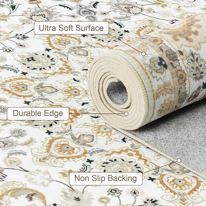 4x6 Area Rugs Living Room: Washable Vintage Rug for Bedroom Beige | Boho No Slip Stain Resistant Rug Soft Indoor Decor Floor Floral 4x6 Area Rugs for Dining Room, Nursery, Hallway, Home Office
