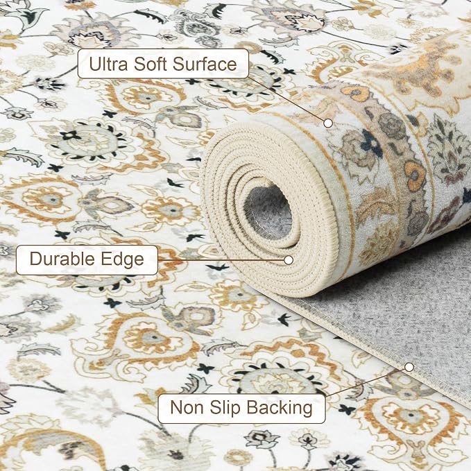 2x3 Area Rugs Living Room: Washable Vintage Rug for Bedroom Beige | Boho No Slip Stain Resistant Rug Soft Indoor Decor Floor Floral 2x3 Area Rugs for Dining Room, Nursery, Hallway, Home Office