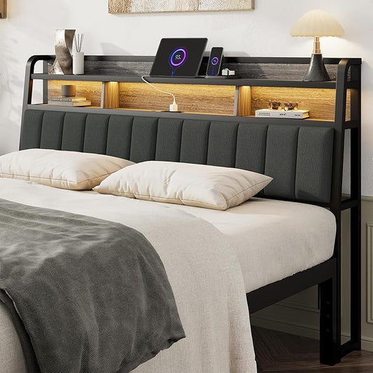 King Headboard Only with Storage, Charging Station, Black & Grey | Upholstered Headboards for King Size Bed with LED Light, Height Adjustable, Sturdy and Stable Headboard