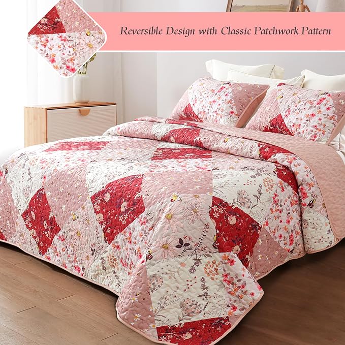 Whale Flotilla Patchwork Quilts Queen Size, Extra Soft Floral Bedspreads | Red Reversible Lightweight Full Queen Quilt Bedding Set for Bed, Printed Coverlets with 2 Pillow Shams for All Seasons