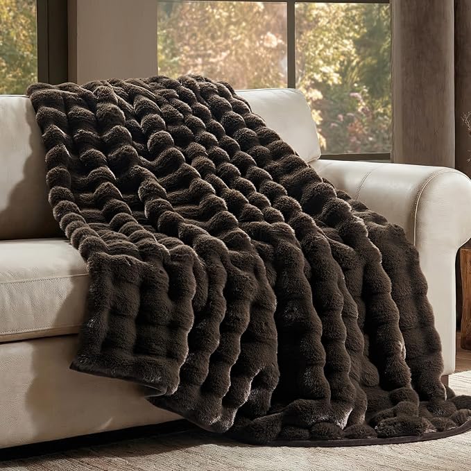 Faux Rabbit Fur Bubble Throw Blanket, 60"x80", Dark Brown | Ultra Soft, Luxury Faux Rabbit Fur Throw, Thick Warm Bubble Blanket, Cozy Fluffy Reversible, for Bed, Couch, Chair, Sofa