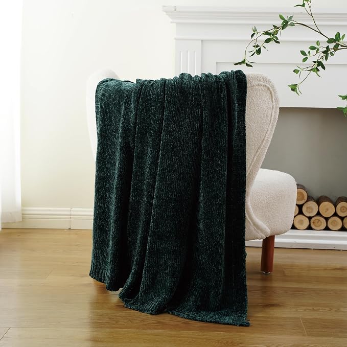 Dark Green Throw Blanket, Chenille Throw Blanket for Couch Bed 51"x67" | Shiny Chenille Blanket, Christmas Green Knit Throw Blanket, Soft Warm Chenille Knitted Blanket for Home Decor