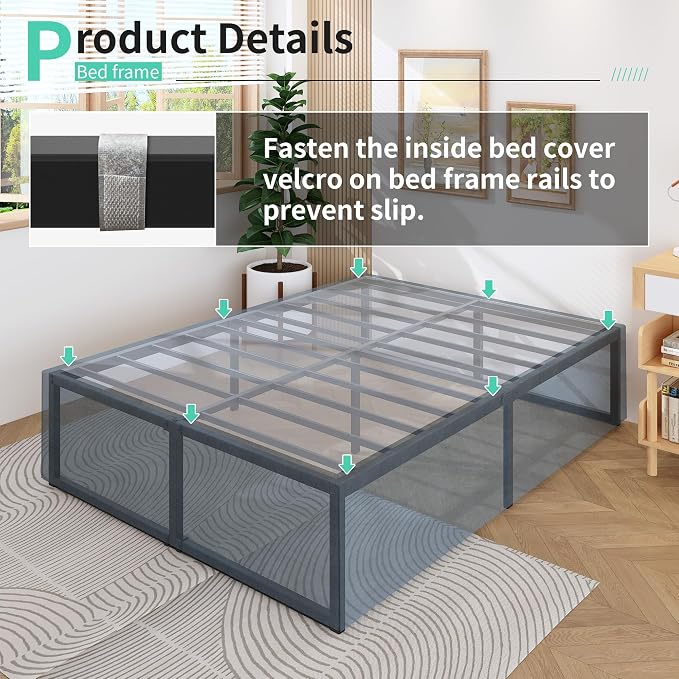 Lutown-Teen 18 Inch Queen Bed Frame with Cover Skirt, Steel Slat Support | Heavy Duty Metal Platform Bed Frame Queen Size No Box Spring Needed, Easy Assembly, Black and Blue