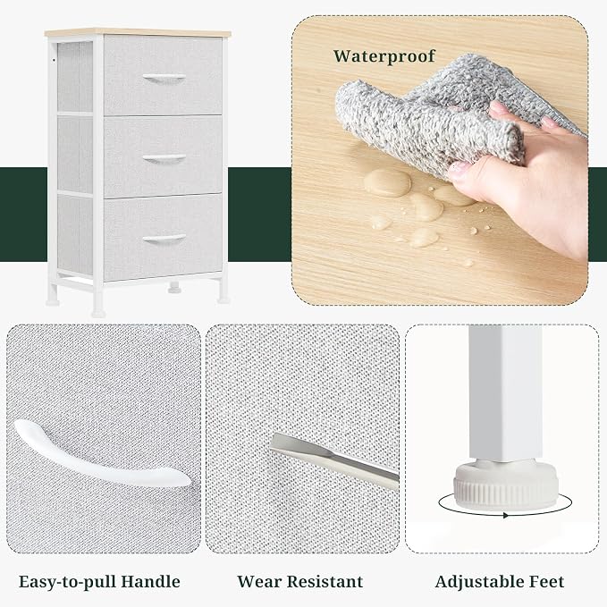 3 Drawers Dresser for Bedroom Fabric Storage Tower with Wooden Top | Steel Frame Chest of Drawers for Closet Entryway Dorm and Small Spaces, Light Gray