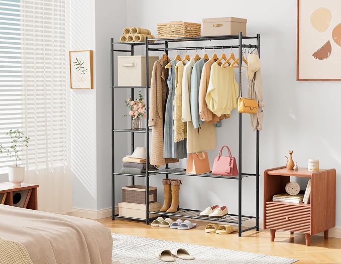 HOMIDEC Wardrobe Closet,Portable Clothes Rack with 4 Tiers Shelves | Freestanding Closet Organizers and Storage System with Hanging Rod,Steel Clothing Rack Suitable for Cloakrooms,Bedrooms.Black