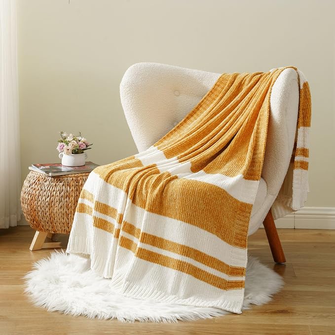 BATTILO HOME Mustard Yellow Throw Blanket for Couch, Soft Chenille Throw Blanket Knit Throw Blankets for Bed, Sofa,Chair, Farmhouse Throw Blankets, Fall Throw Blanket,51"x67"