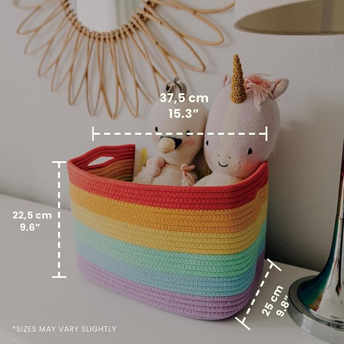 OrganiHaus Rainbow Baskets for Shelves, Set of 3, 15x9x10 | Colorful, handwoven cotton rope; a toy bin for playroom, classroom, or girls' room decor; great for nursery too