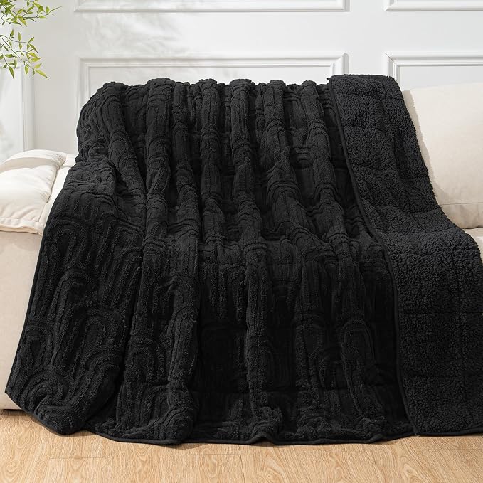 Cottonblue Jacquard Weighted Blanket for Adults Queen Size 12 lbs 60"x80" | Soft Sherpa Fleece Weighted Blankets Throw for Sleep Calm Relax, Fuzzy Warm Black Arch Heavy Blanket for Bed Sofa, Washable