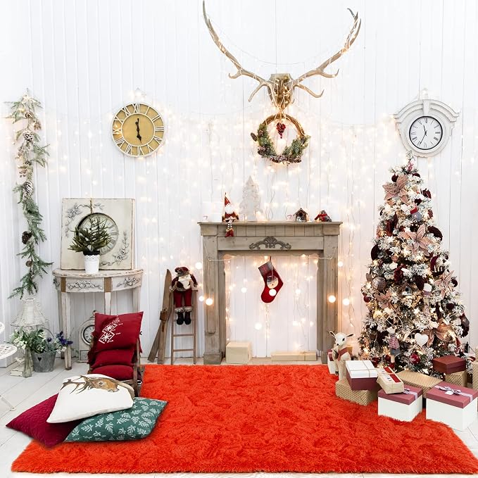 Soft Modern Indoor Shaggy Area Rug for Bedroom Livingroom Dorm Kids Room Home Decorative, Non-Slip Plush Fluffy Furry Fur Rugs Comfy Nursery Accent Floor Carpet 5x8 Feet, Orange Red