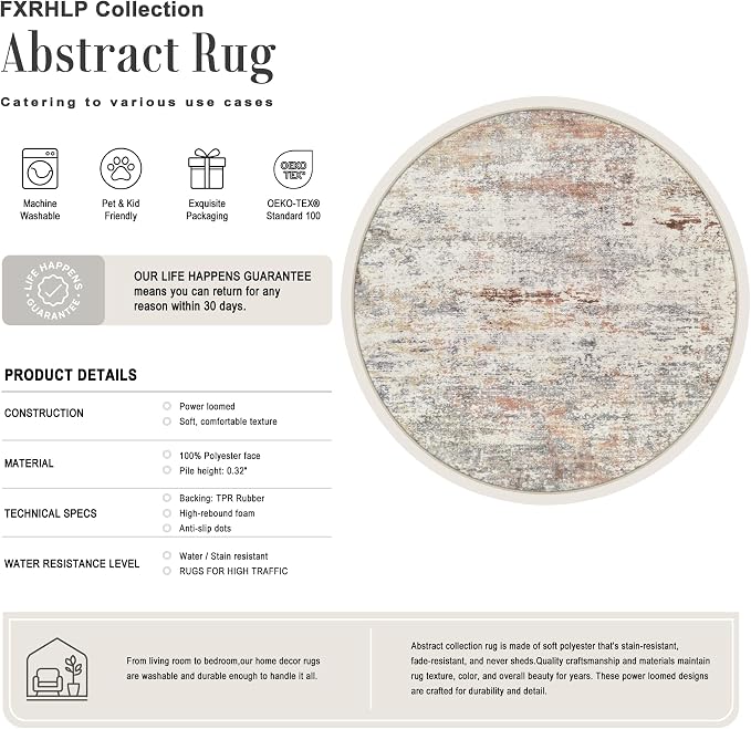 Round Area Rug Living Room: 8 ft Modern Washable Carpet Taupe | For Bedroom Dining Room Farmhouse Nursery Hallway Office,Modern Abstract,Machine washable,Non-Slip,Stain Resistant,Indoor
