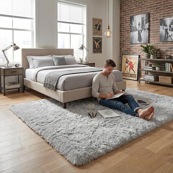 Soft Modern Indoor Large Shaggy Rug for Bedroom Livingroom Dorm Kids Room Home Decorative, Non-Slip Plush Fluffy Furry Fur Area Rugs Comfy Nursery Accent Floor Carpet 5 X 8 Feet, Grey
