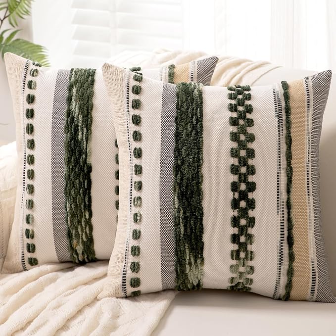 Boho Throw Pillow Covers Decorative Neutral Farmhouse Pillow case | 18x18 Set of 2 Cushion Case Striped Square Pillows Cover Couch Pillow Cases Accent Pillowcase for Sofa Bed,Dark Green