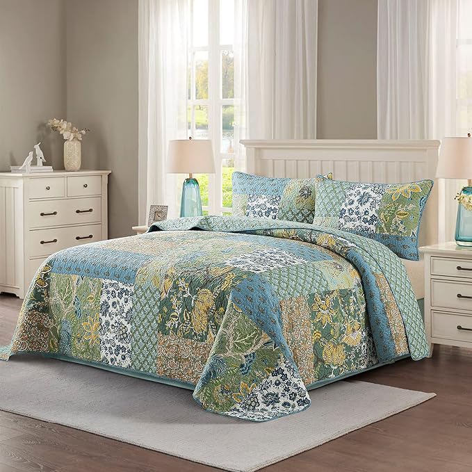 Cotton Patchwork Bedspread, 3-Piece Bedding Quilt Set with Real Stitched Embroidery, Reversible Matelasse Bed Coverlet Set,Green Farmhouse Garden,King Size