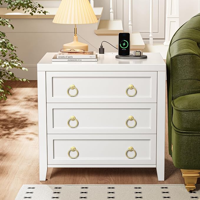 Huuger Paint Night Stand with Charger Station, 3 Drawer Nightstand Set of 2 | Larger Wider Bedside Table with USB-C Port, Modern End Table, for Bedroom, Living Room, White Nightstand