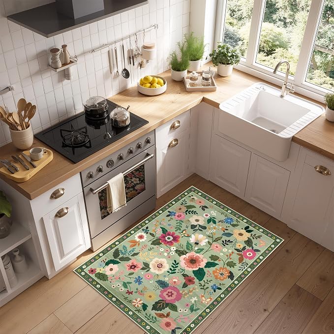RELEANY Floral Washable 2x3 Area Rugs Doormat LightGreen | Flower Carpet, Print, Boho, Non-Slip, Easy to Clean, Soft, Low Pile for Living Room Bedroom Kitchen Office Entryway Hallway