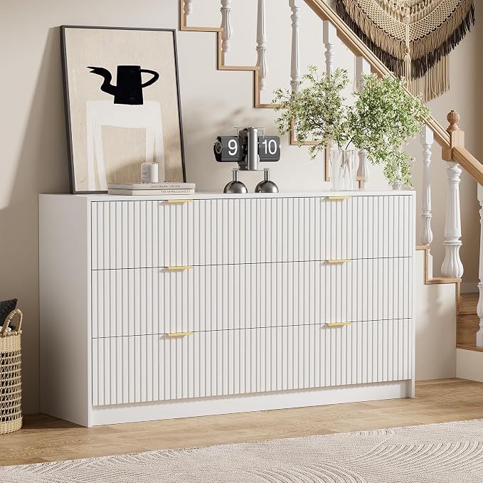 Furniway White Dresser for Bedroom, Modern Dresser with 6 Drawers and Smooth Slides, Wide Chest of Drawers with Golden Handles for Bedroom, Living Room, Closet, 15.7" D x 55.1" W x 31.4" H