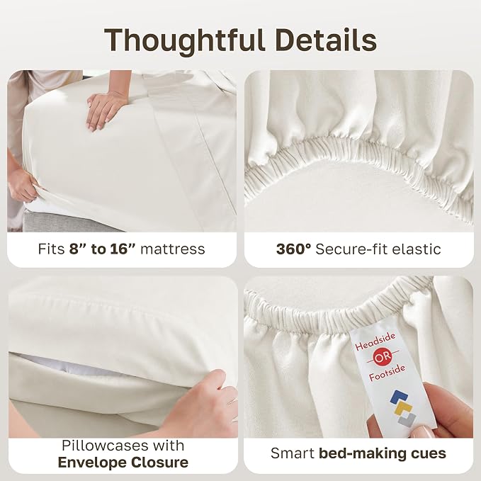 California Design Den 100% Cotton Sateen King Sized Sheets, 6 Pc Set | 6 Pcs with 4 Pillowcases, 400 Thread Count Backed by Good Housekeeping Seal, 16" Deep Pocket, Durable - Ivory (Pale Tone)
