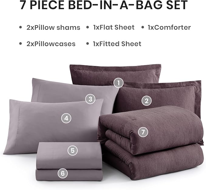 Monbix Full Size Comforter Set 7 Pieces Italian Plum Bed in a Bag | Cationic Dyeing Reversible All Season Bedding Sets with Comforter, Sheets, Pillowcases & Shams